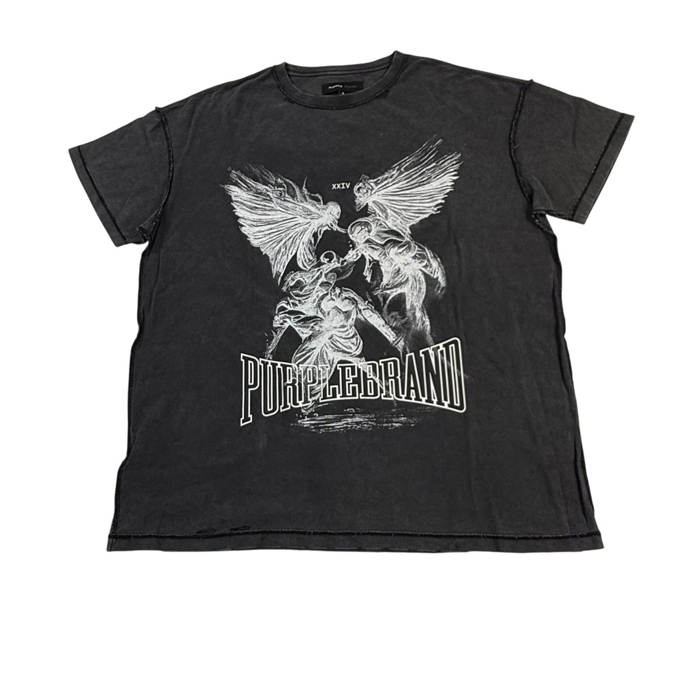 Purple Brand Mens Faded Black Angel Graphic T-Shirt XXIV Distressed Small P001